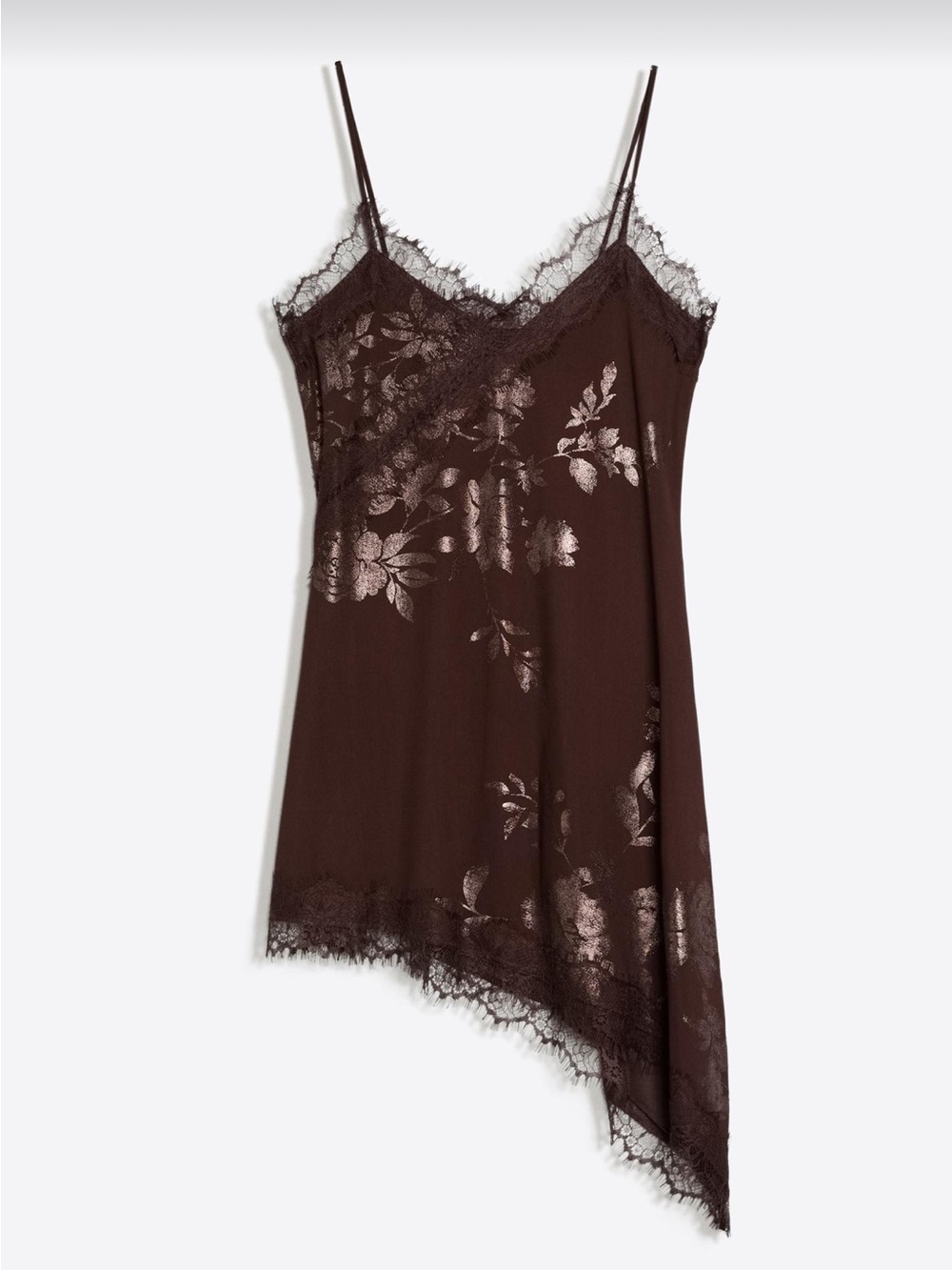 Lace-Trim Dark Brown Floral Print Slip Dress